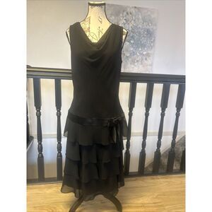Liz Claiborne Dress 12 Ruffle Tiered Black Tie‎ Waist Flounce Lined Draped Neck